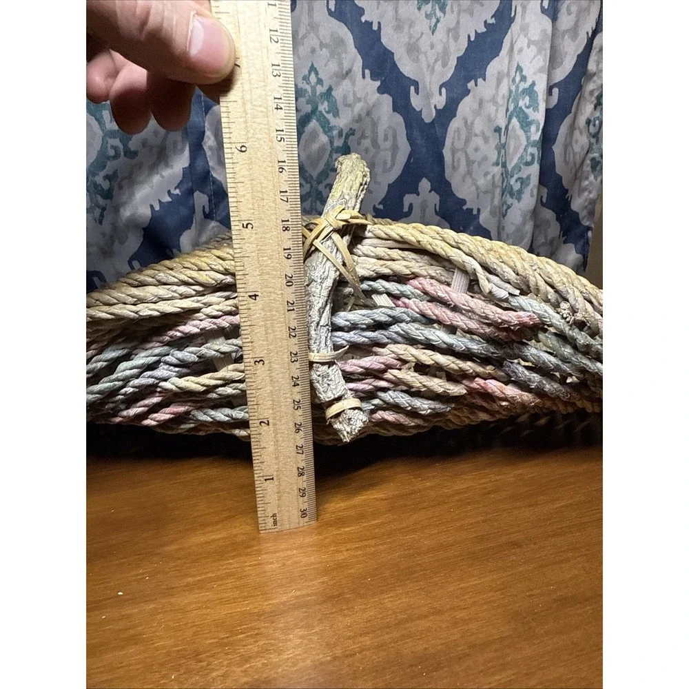 Vintage Rope Gathering Basket‎ Large Distressed Branch Handle Pastel Colors